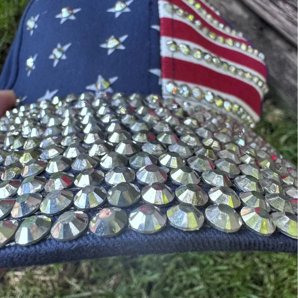 American Flag Bedazzled Rhinestones Patriotic Navy Blue Bling Trucker Hat